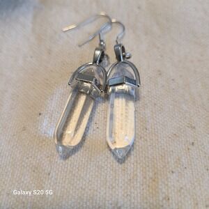 Crystal Point Earrings Dangle Drop Silver Tone Healing Spiritual Jewelry